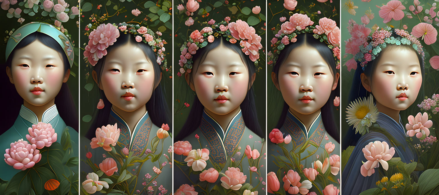 Triptych featuring girl in traditional Asian clothing surrounded by blooming flowers