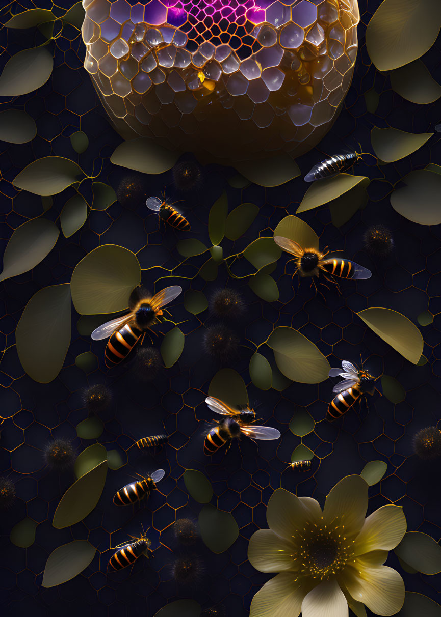 Bees and Honeycomb Digital Illustration on Dark Background