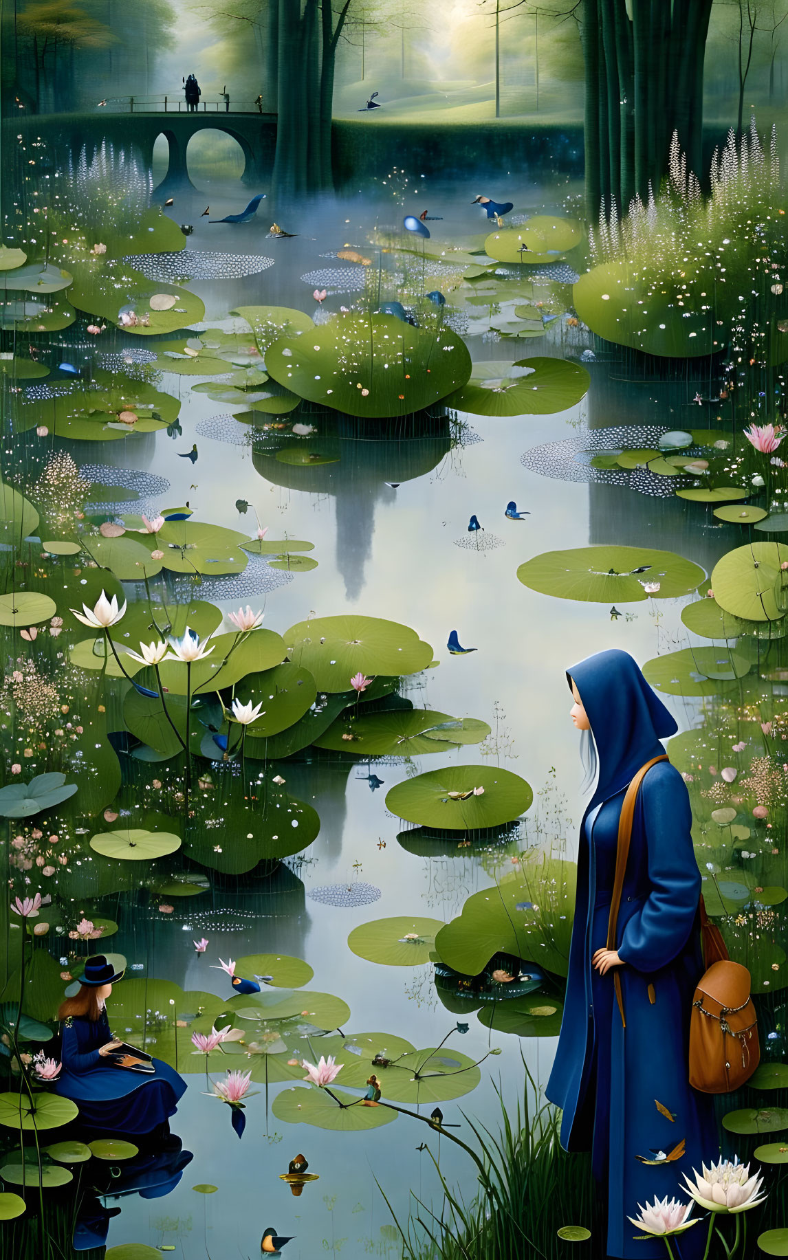 Tranquil pond with lily pads, figures in blue cloak, birds, frogs, and mist