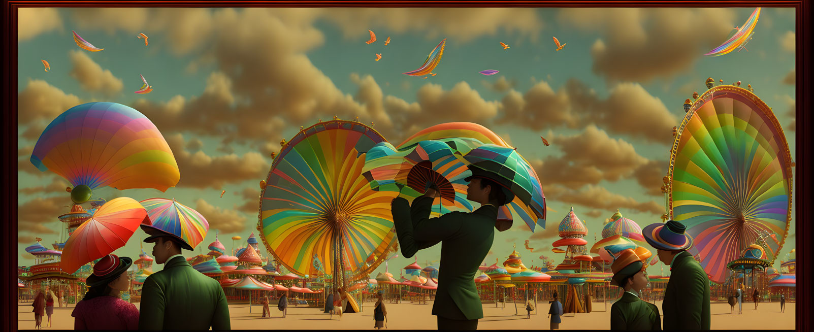 Colorful Carnival Scene with Umbrellas, Hot Air Balloons, and Whimsical Architecture