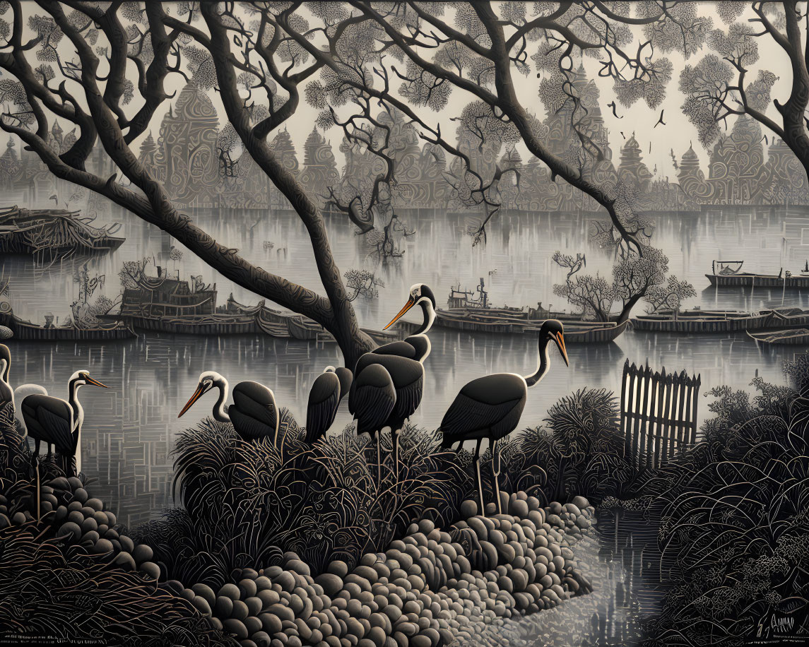 Monochromatic illustration of storks in tranquil riverside scene