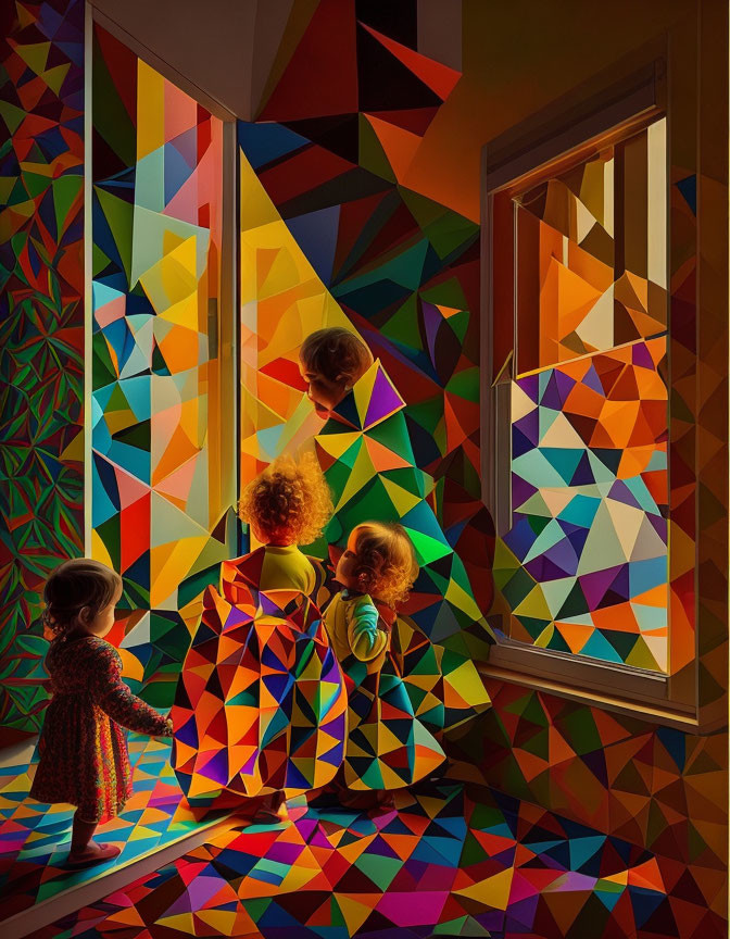 Colorful Geometric Patterns in Vibrant Room with Children and Sunlit Window