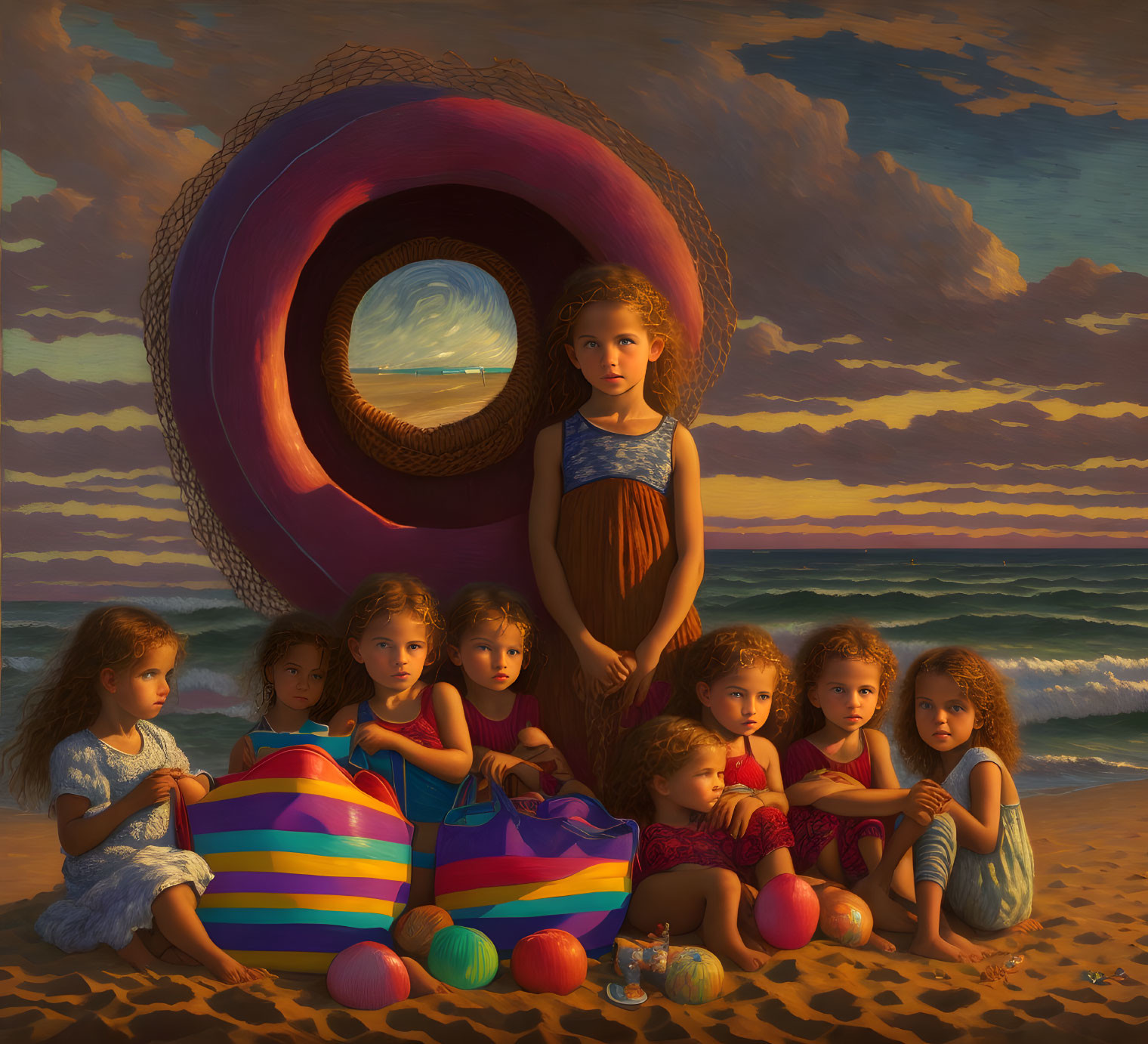 Vibrant beach sunset painting with seven girls, eye-shaped float, colorful balls, and striped bag