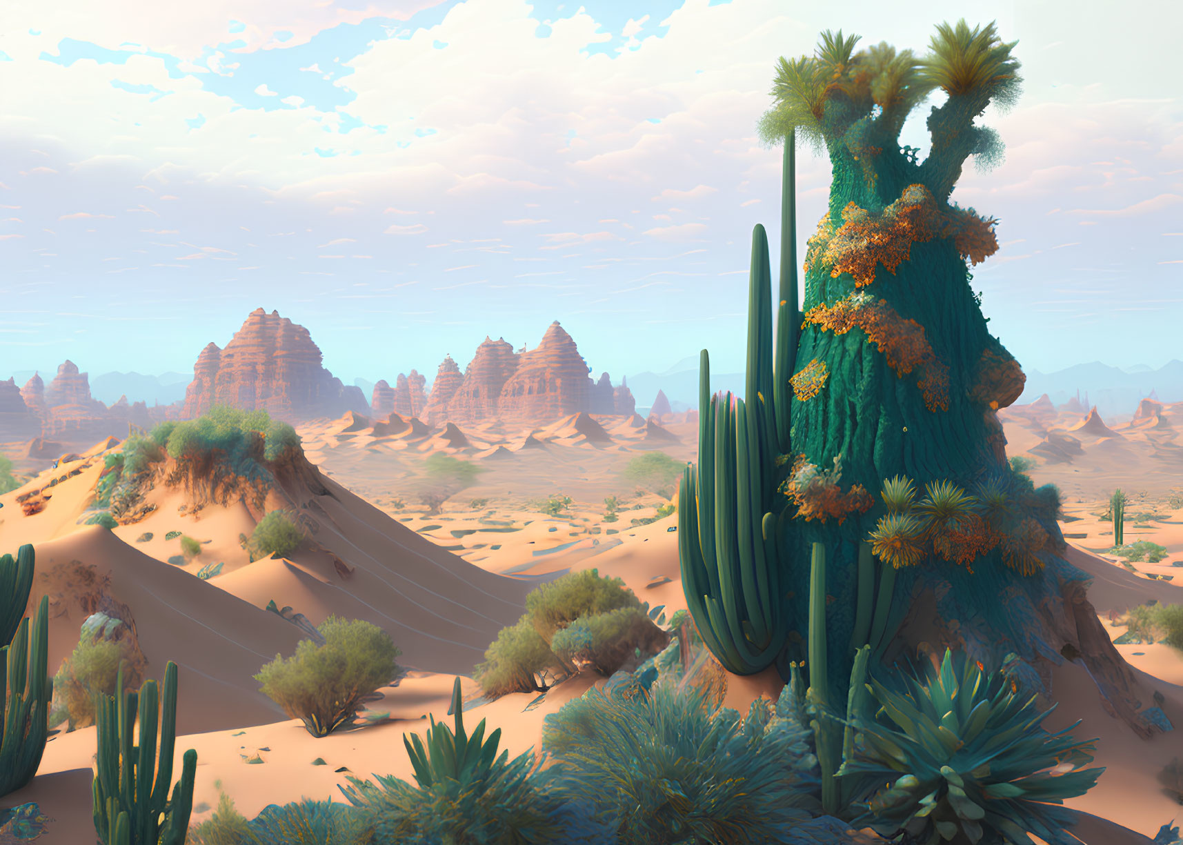 Desert landscape with cacti, sand dunes, and rock formations