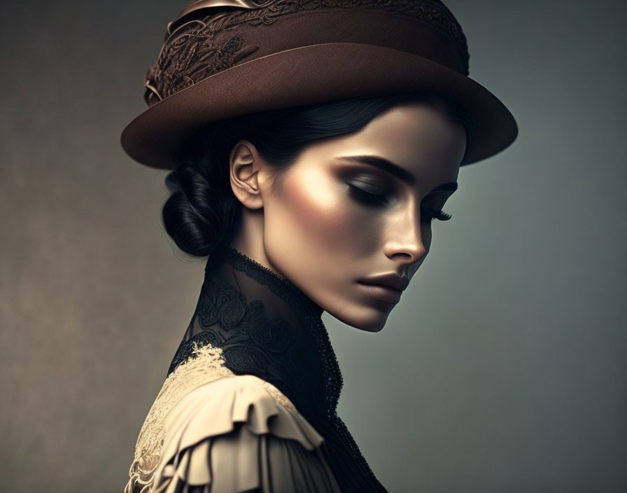 Vintage Style Woman with Elegant Hat and Lace Collar on Muted Background