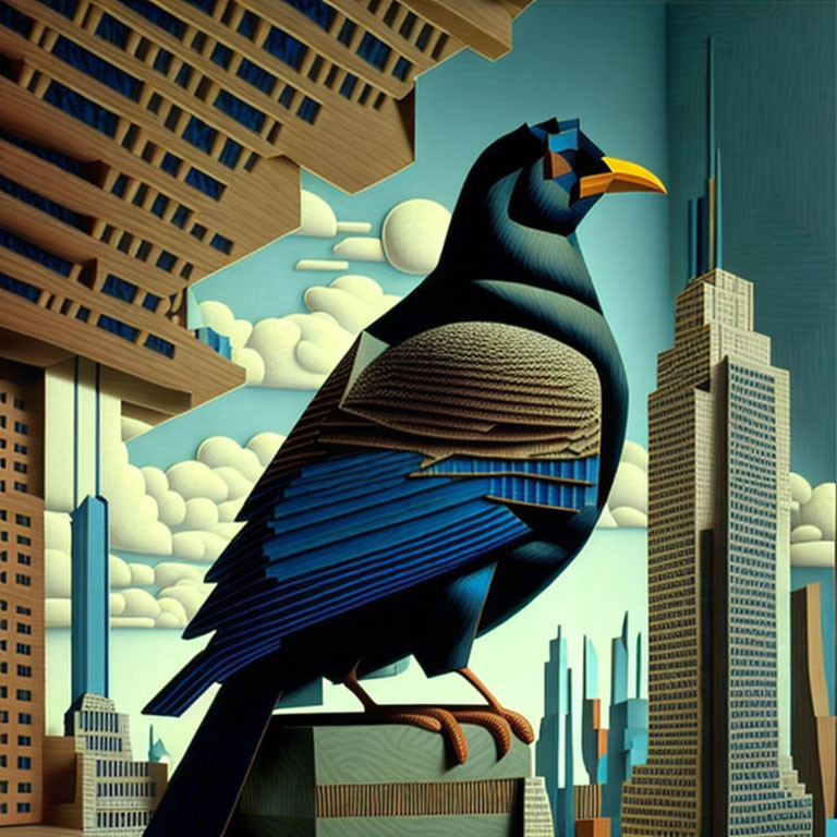 Stylized urban illustration with large bird on wire