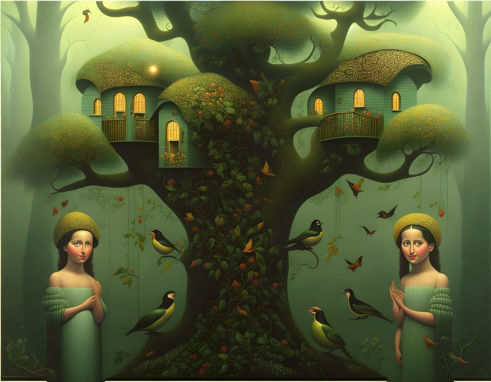 Surreal illustration of intricate tree with house-like structures surrounded by birds and two female figures