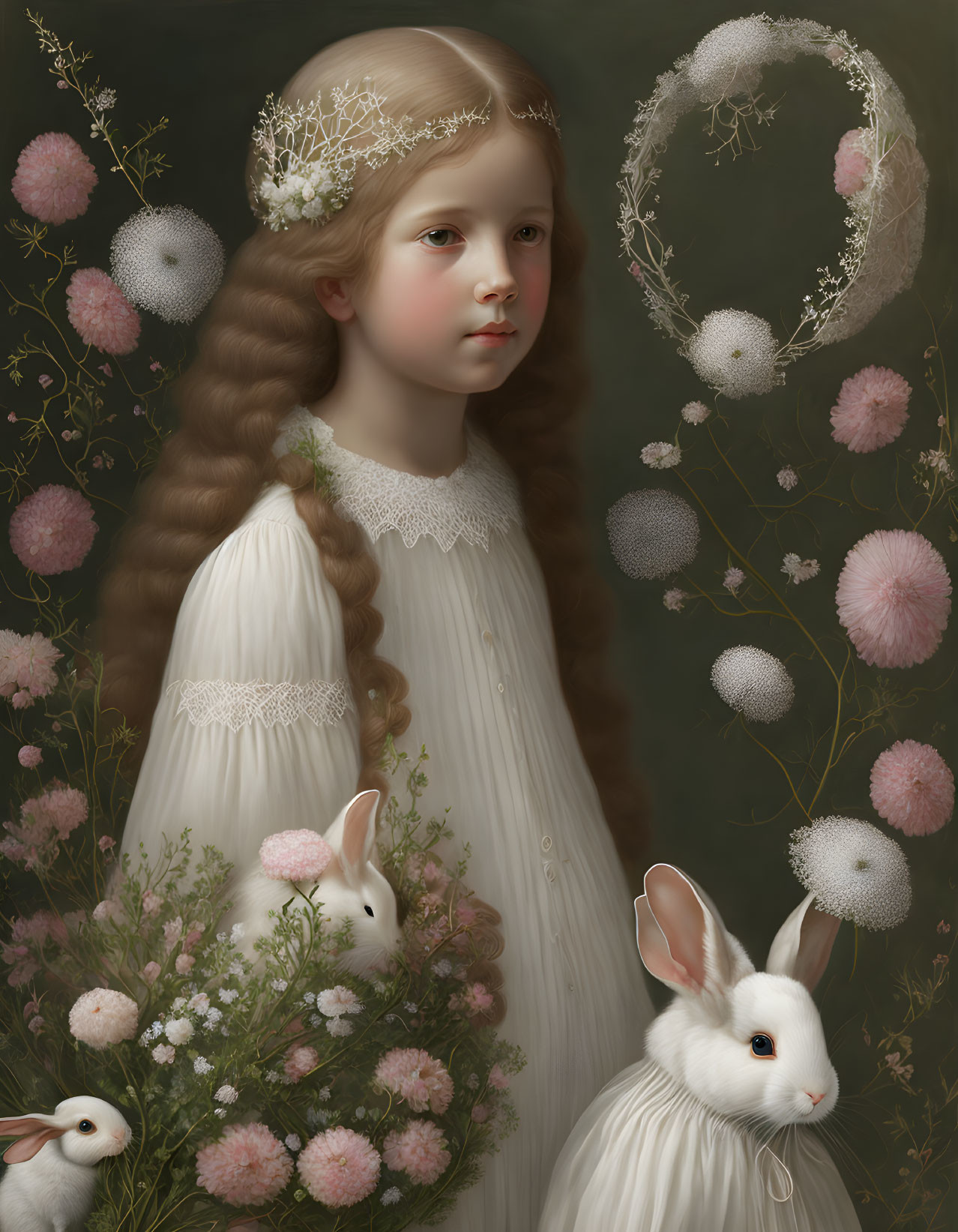 Young girl with wavy hair in white dress, floral crown, surrounded by flowers and rabbits