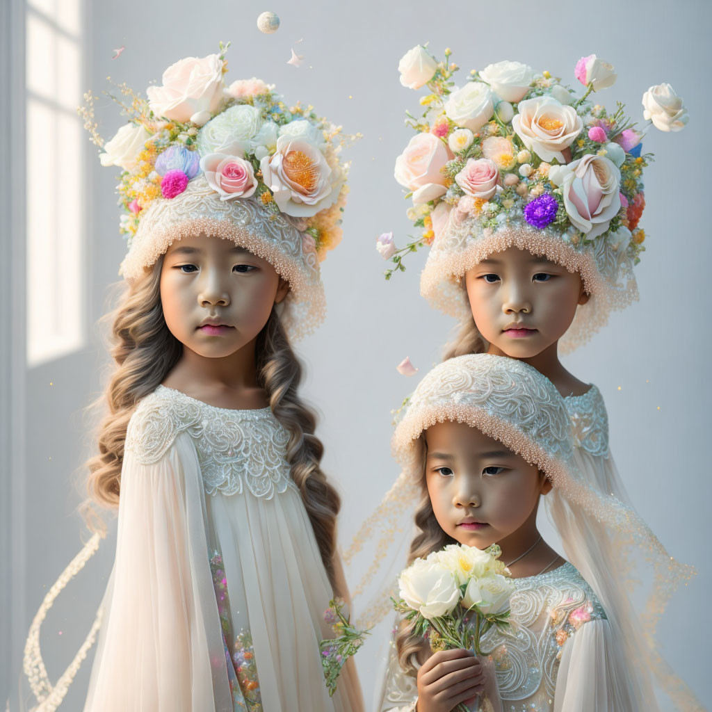 Two girls in flower crowns and elegant dresses with white roses, looking serene.