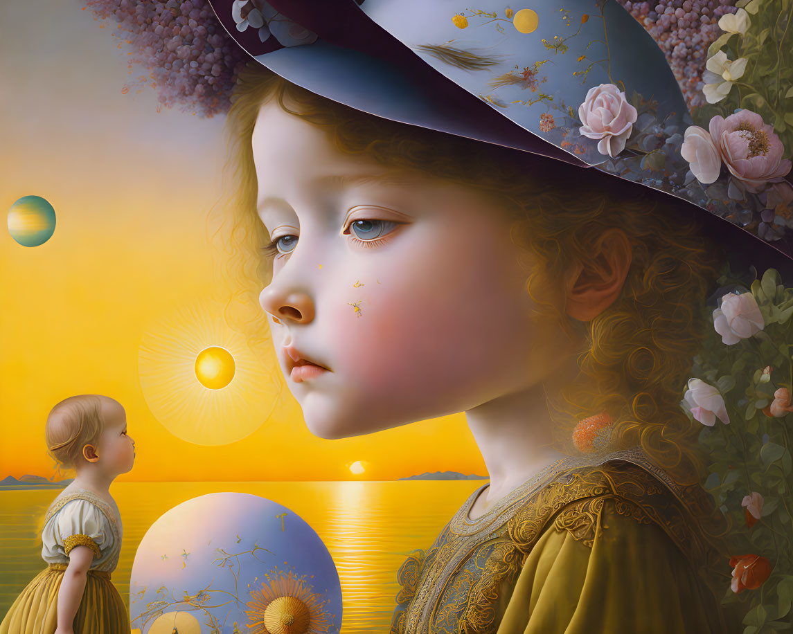 Elaborate surreal portrait of a contemplative child in vibrant colors