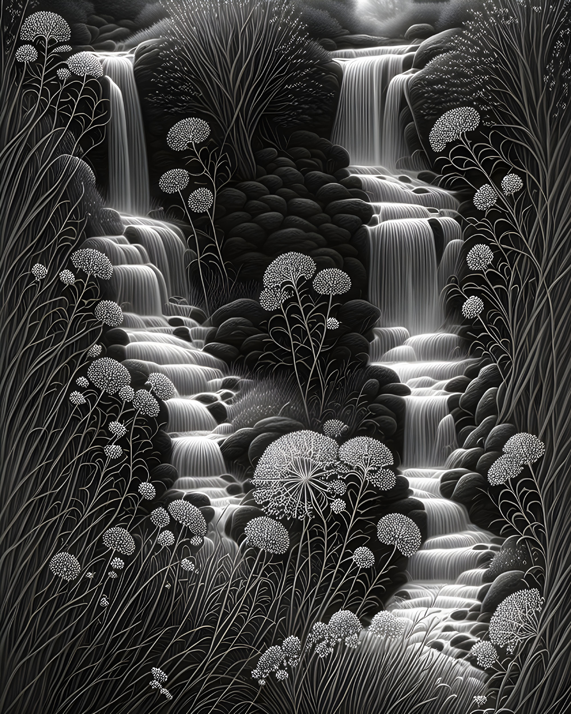 Detailed monochromatic waterfall landscape with lush plant life.