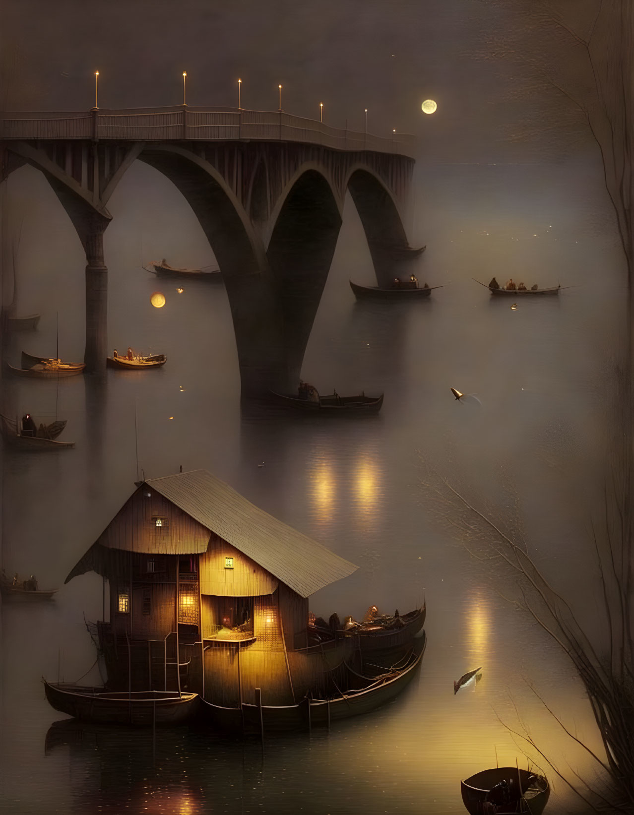 Full Moon Night: Misty River, Stilt House, Boats & Bridge