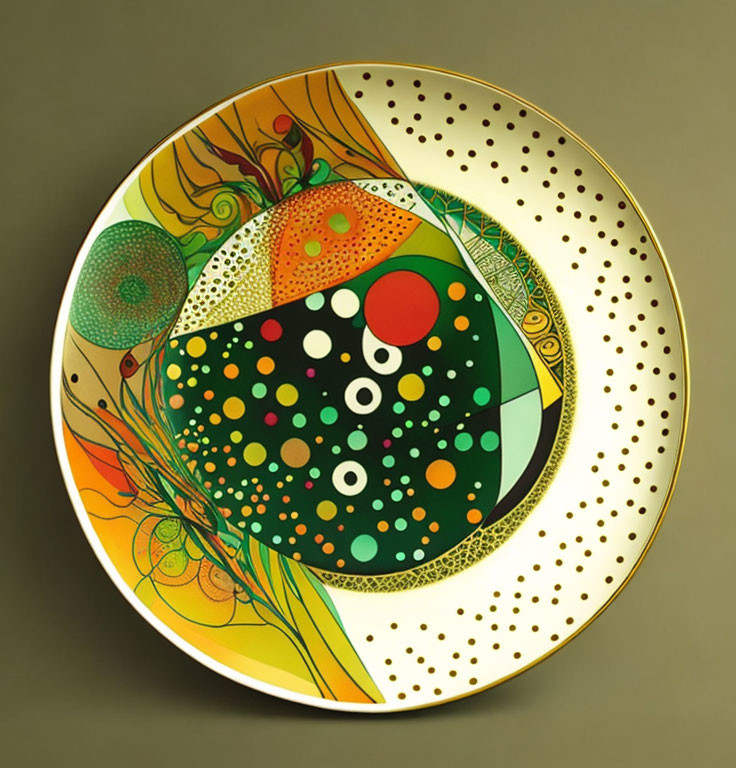 Colorful Abstract Design Plate with Dots and Organic Shapes on Gold Background