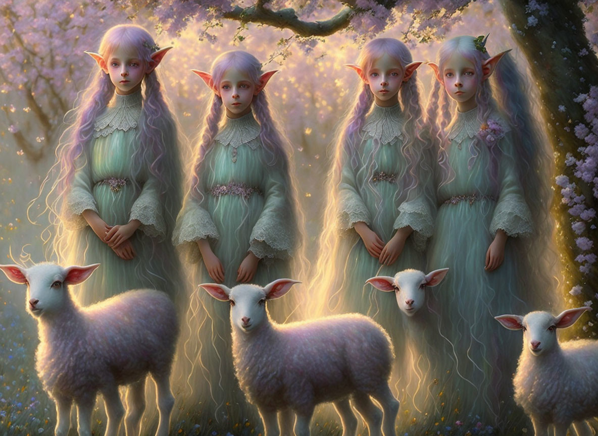 Four fantasy elf girls with pointed ears and sheep in a magical garden