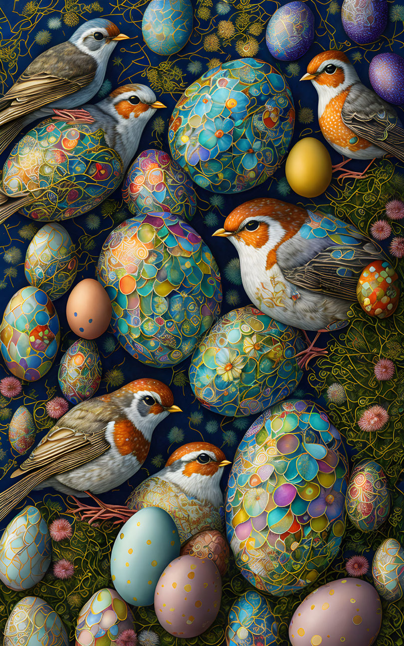 Vibrant bird and egg illustration on dark floral backdrop