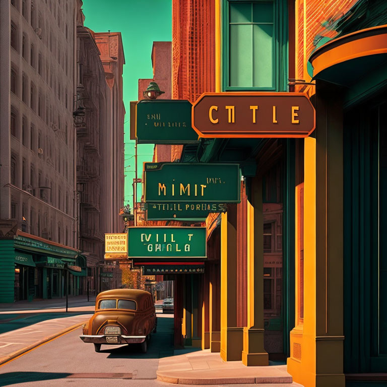 Sunlit street with vintage car and art deco architecture.