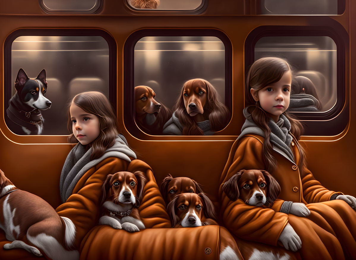 Girl and dogs in warm-toned train compartment gazes out windows