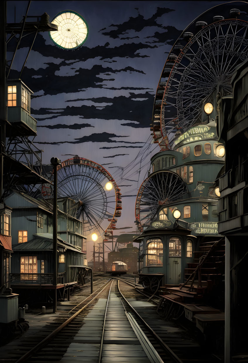 Vintage amusement park night scene with old railway - atmospheric illustration