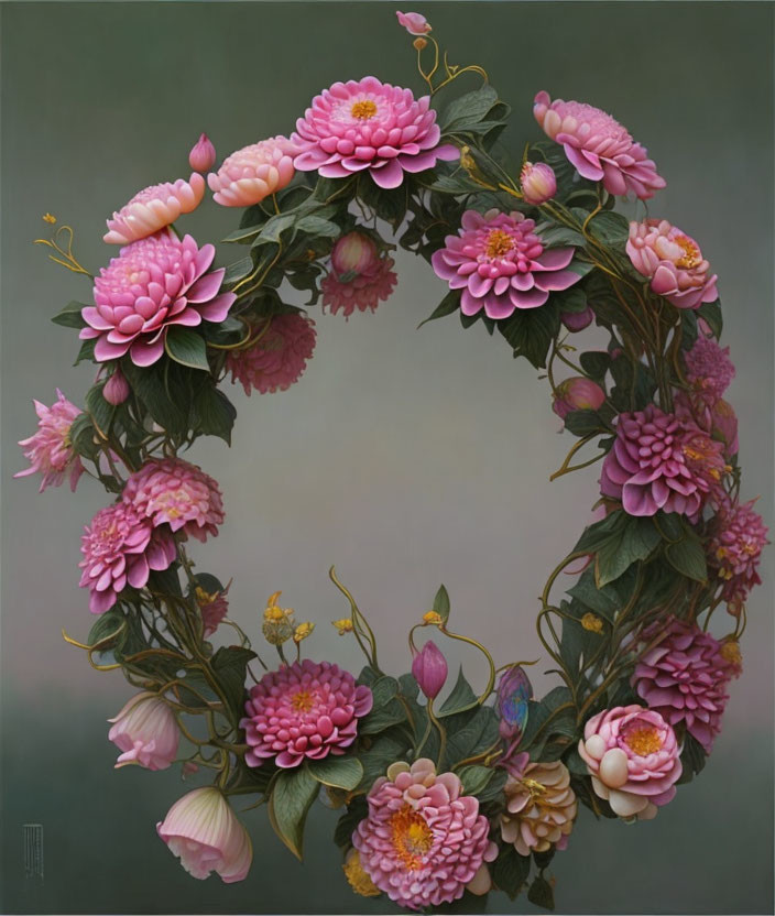 Pink Blooming Floral Wreath on Muted Background