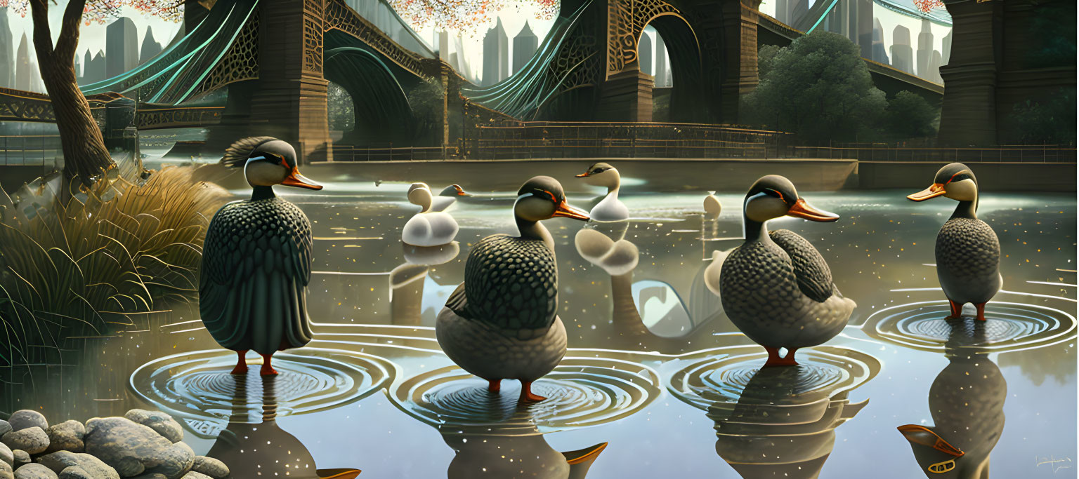 Ducks and swans in fancy attire by pond with cityscape backdrop