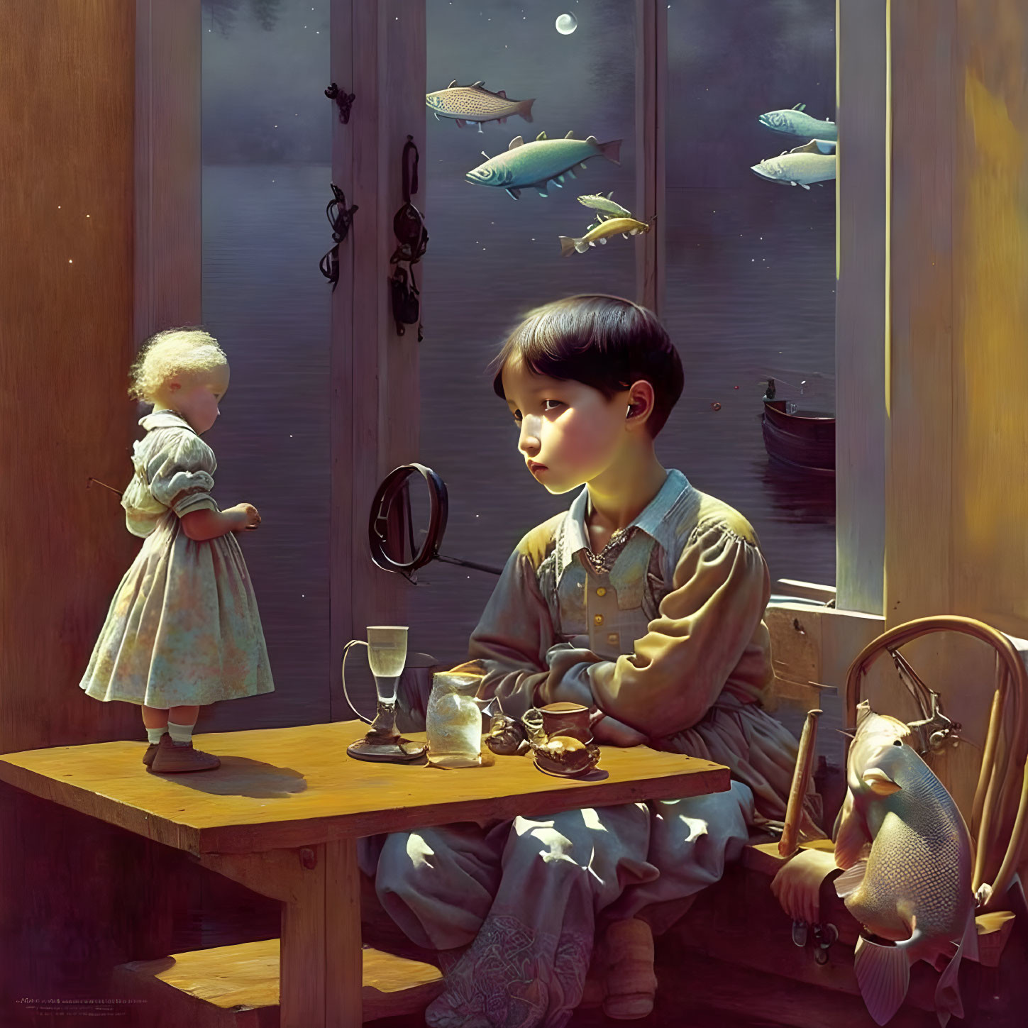 Surreal artwork: Young boy, floating fish, girl at window