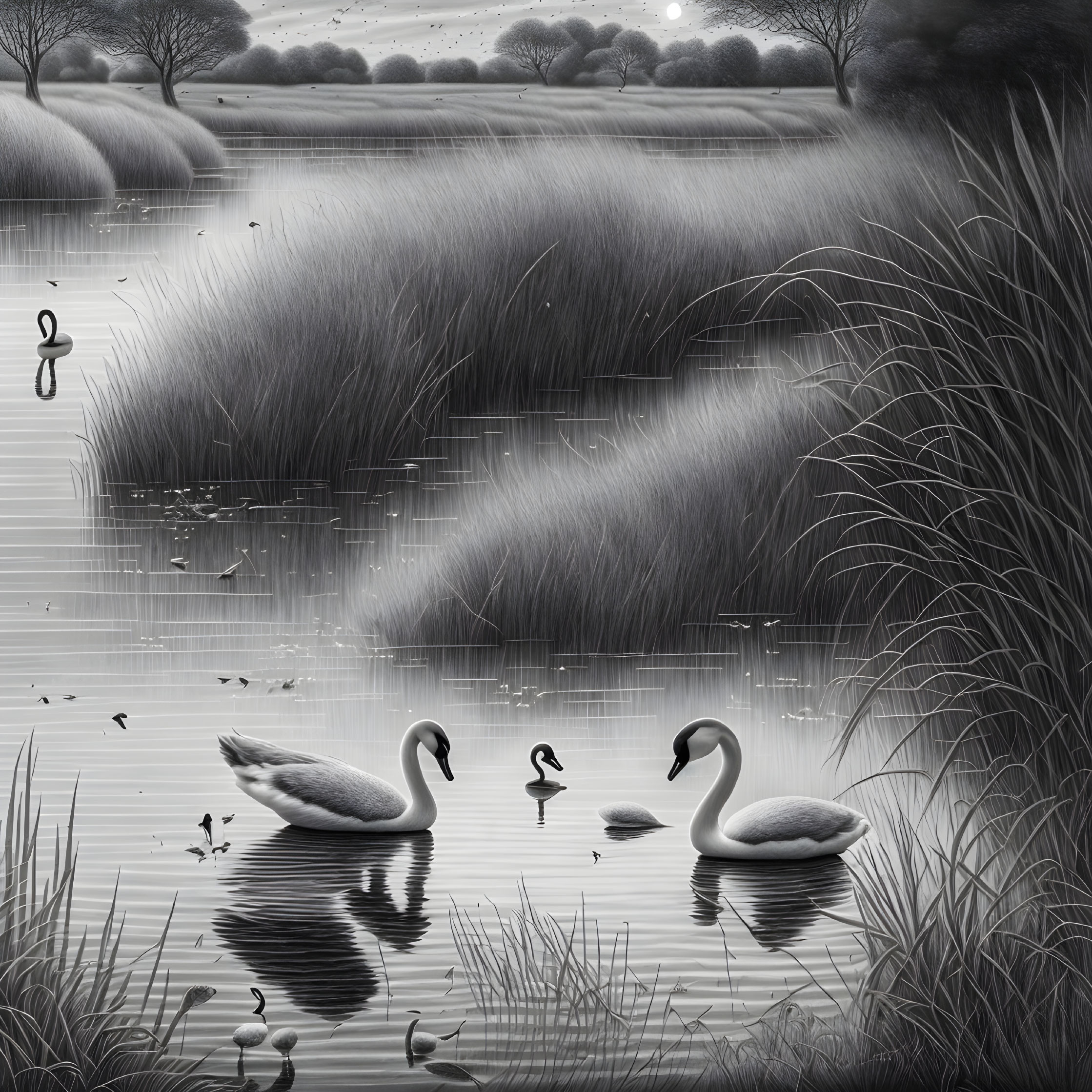 Tranquil swans on water with reflections, reeds, and trees in serene scene