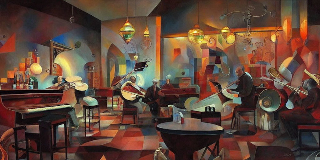 Surrealistic Jazz Bar Painting with Musicians and Instruments