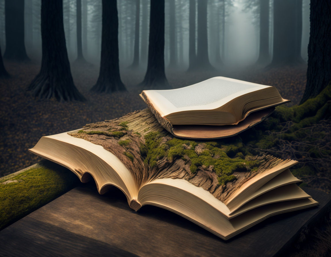 Open book blending into misty forest background on wooden surface symbolizing nature and storytelling.