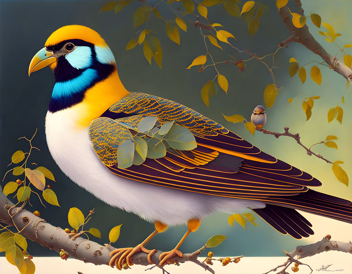 Colorful bird illustration with yellow belly, blue head, and striped wings perched on a branch.