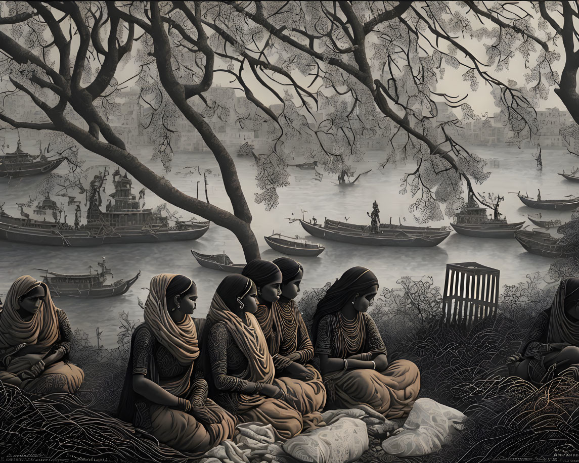 Monochrome artwork of veiled women by riverside