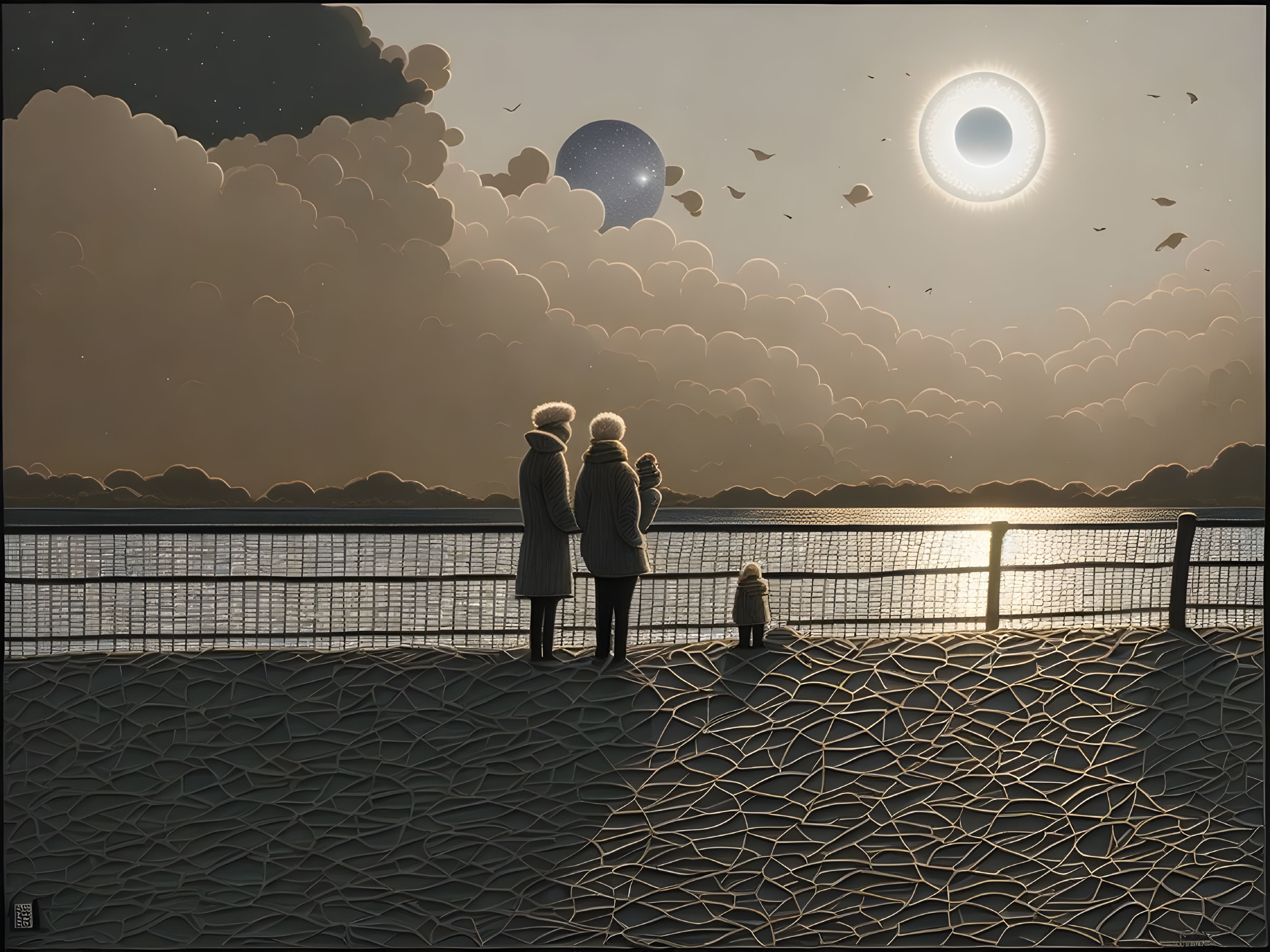 Three People and Dog Admire Surreal Sunset with Eclipsed Sun and Planets