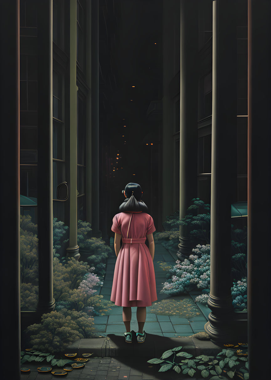 Girl in Pink Dress and Hat Stands in Alley with Mysterious Path and Columns