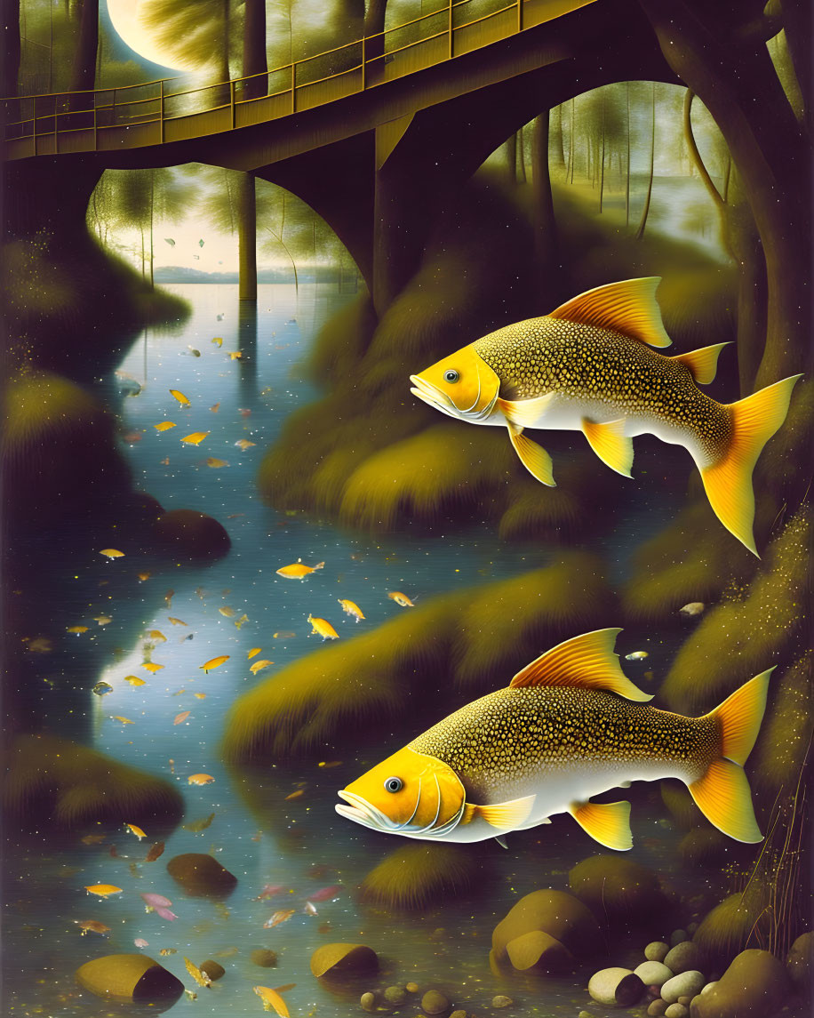 Golden fish swimming under a bridge in forested waterscape