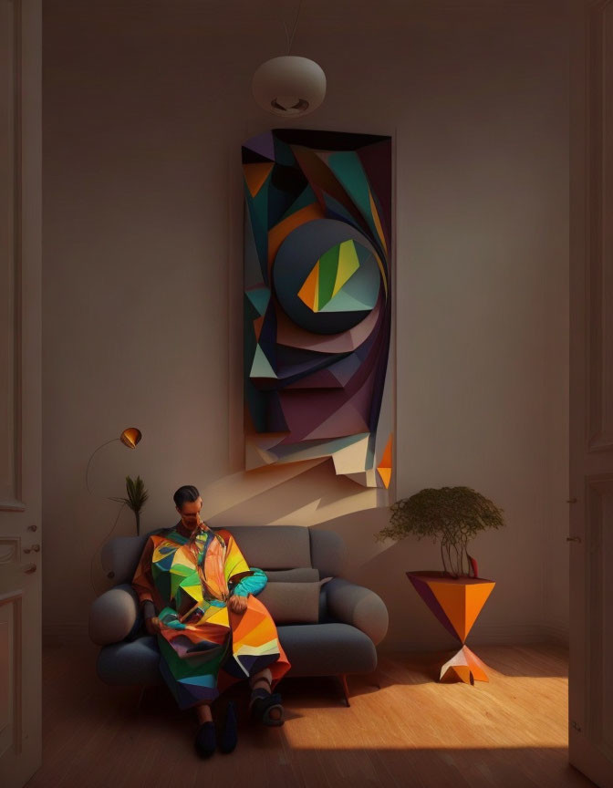 Colorfully dressed person sitting on a couch in a modern, dimly lit room