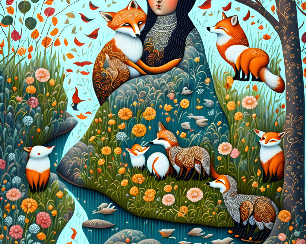 Illustration of woman with foxes and nature on blue background