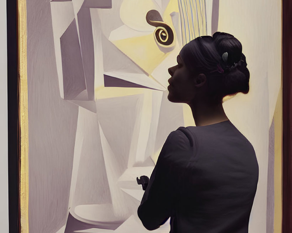 Woman in dark dress with bun hair gazes at abstract cubist painting