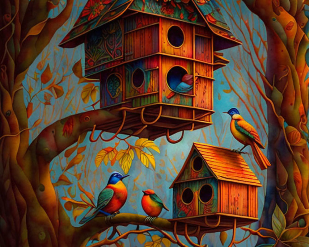 Colorful Birdhouses and Trees with Birds in Vibrant Illustrative Art