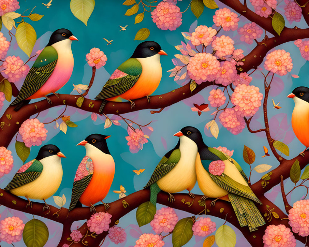 Colorful Birds and Pink Flowers on Tree Branches in Teal Background