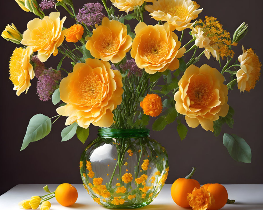 Colorful bouquet of yellow and orange flowers in clear vase with orange fruits on table