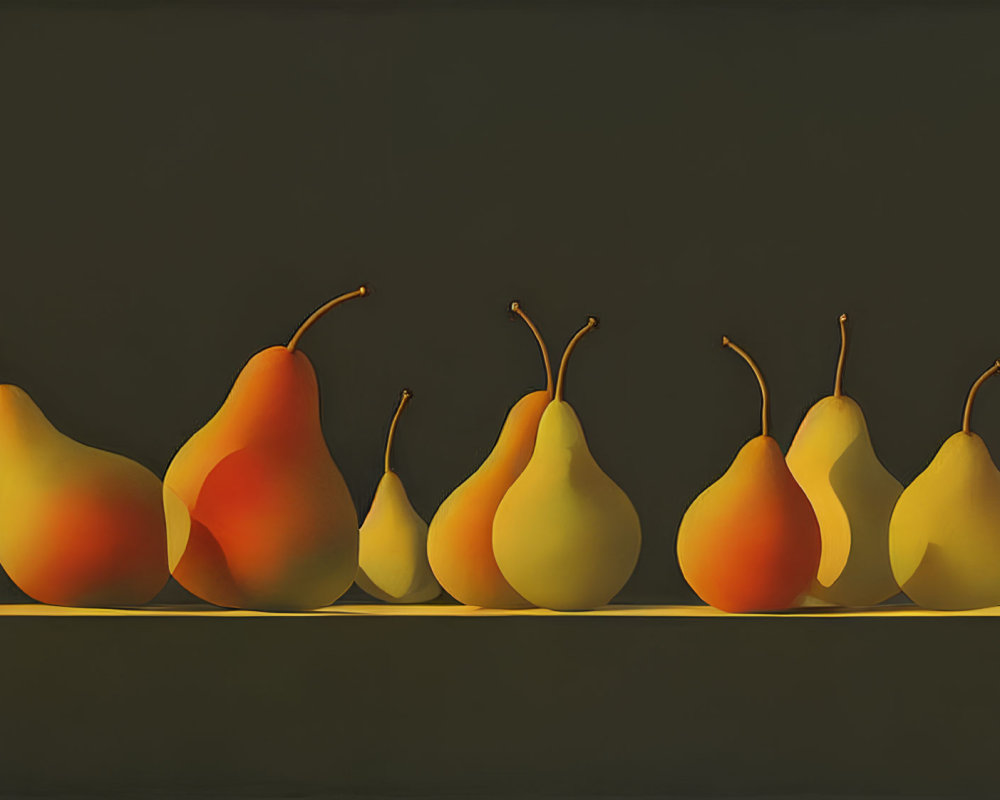 Seven gradient yellow-orange pears on flat surface against dark background