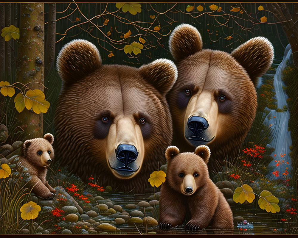 Bear Family Painting in Forest with Waterfall and Foliage