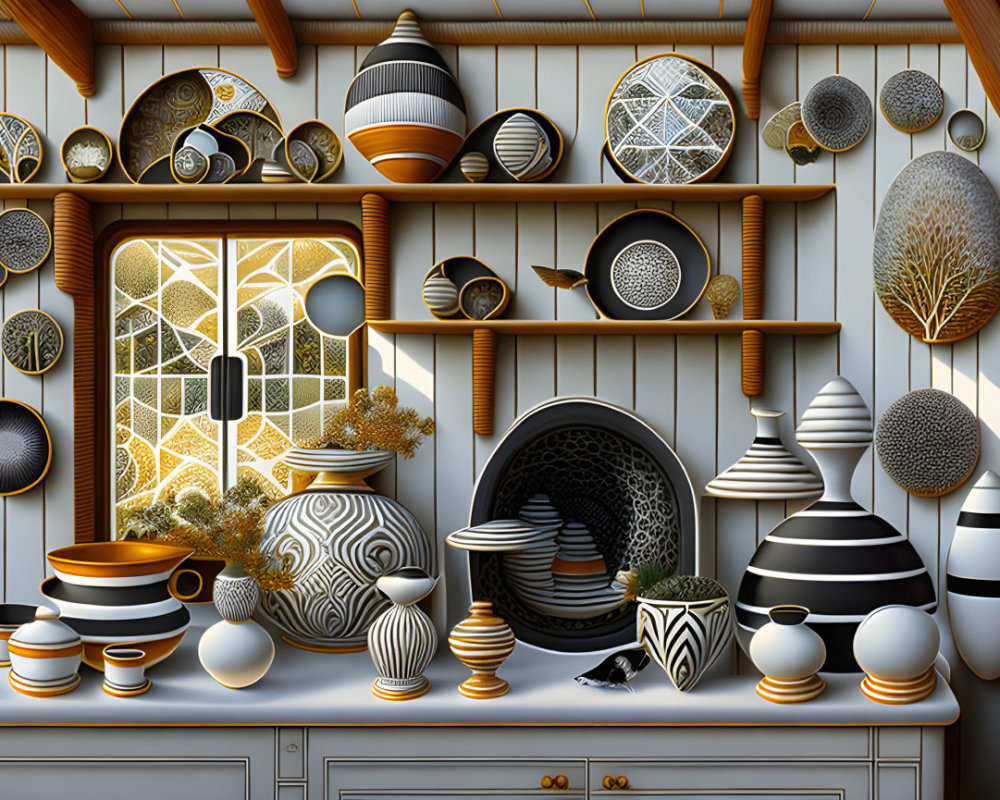 Assorted black and white patterned pottery in cozy room with ornate window