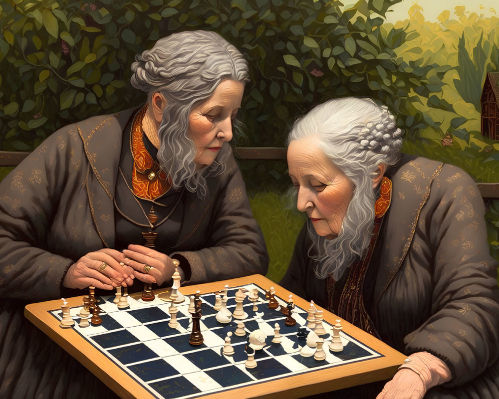 Elderly women in traditional attire playing chess outdoors