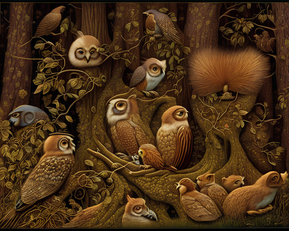 Detailed Artwork: Stylized Owls, Squirrel, Tree Branches & Foliage