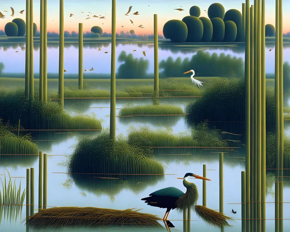 Surreal landscape with herons, geometric foliage, mirrored water