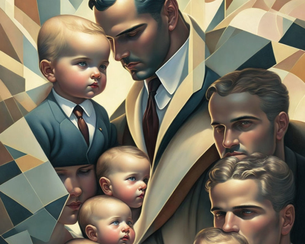 Abstract painting of man in suit with reflections holding babies on geometric backdrop