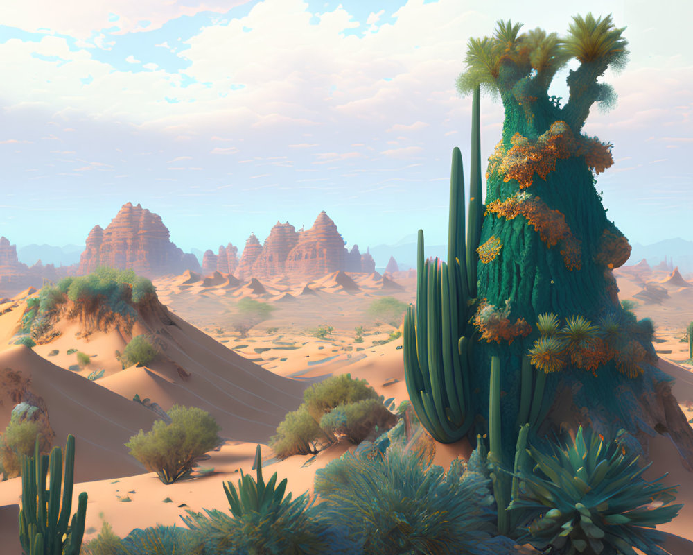 Desert landscape with cacti, sand dunes, and rock formations