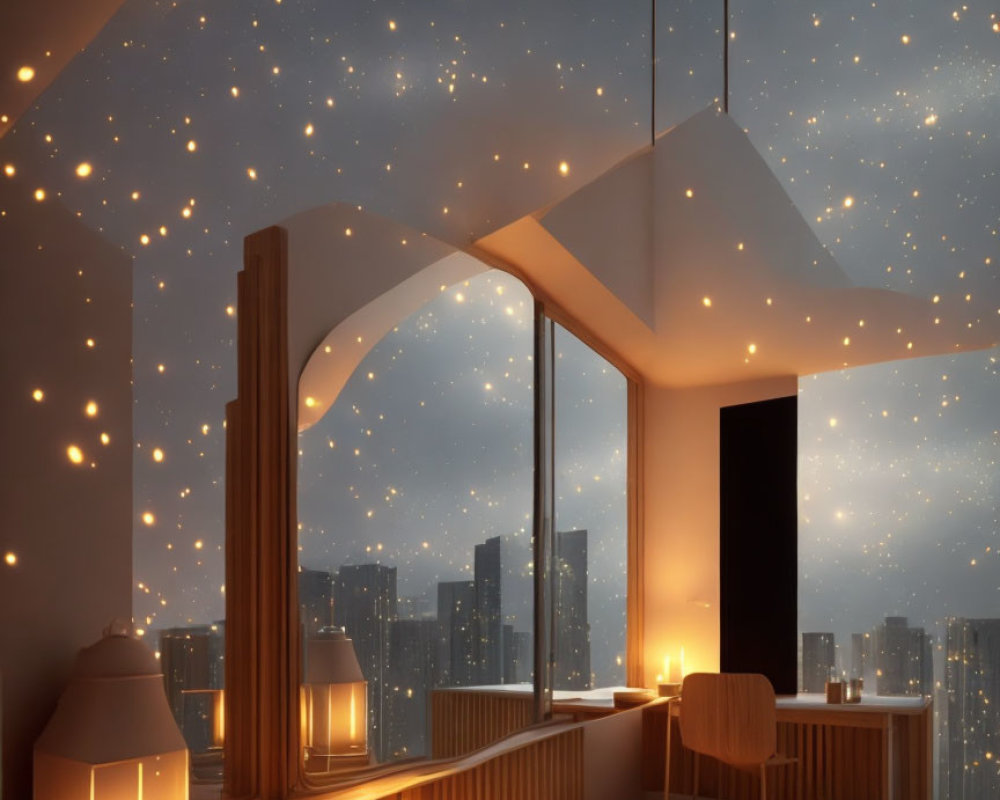 Modern cozy interior with starry sky ceiling, cityscape view, wooden floors, desk, chair,