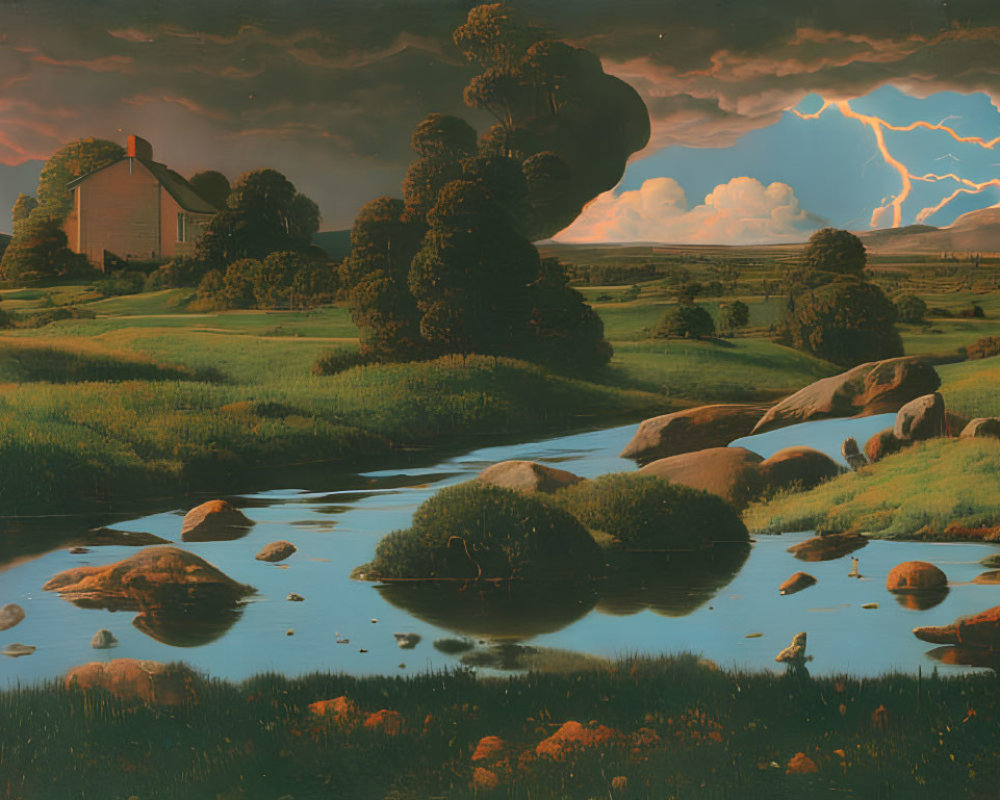 Countryside landscape with stream, boulders, trees, and stormy sky