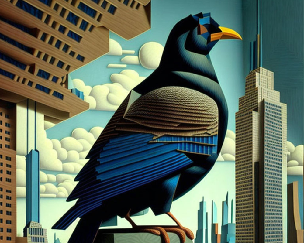 Stylized urban illustration with large bird on wire